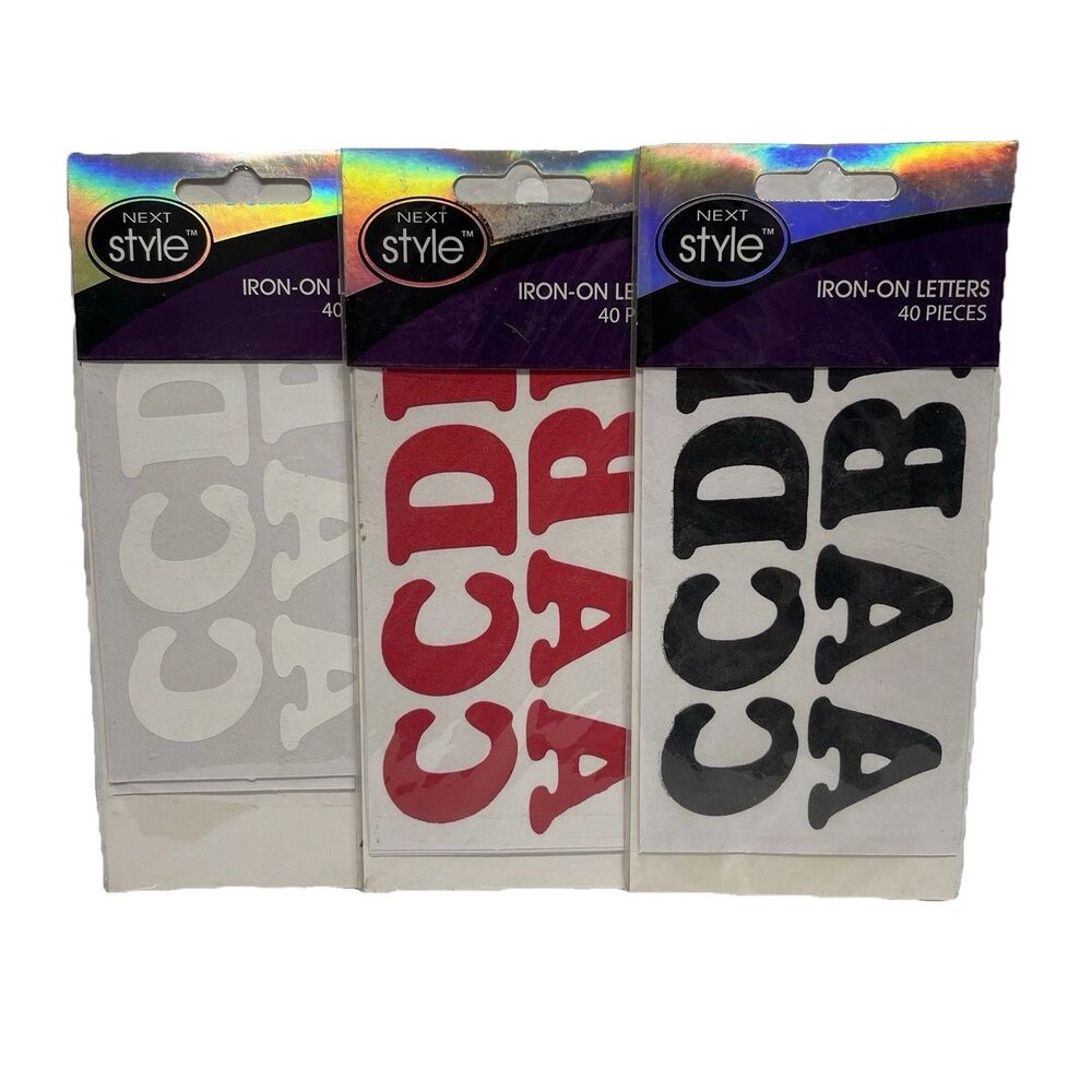 3- Next Style Iron-on Letters 1 1/4 inch Tall, White, Red, Black, 120pcs, 1.25”